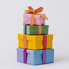 Obraz premium Stack of colorful gift boxes with ribbons on white background