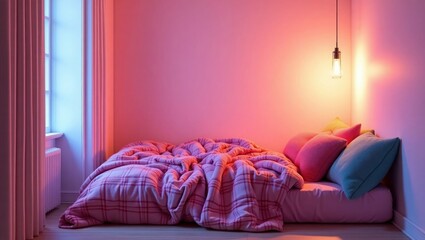 Cozy bedroom with pink plaid comforter and colorful pillows