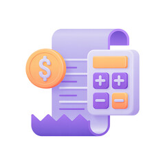 3D accounting icon with receipt calculator and dollar coin