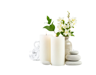 Luxury Day Spa Essentials with Towels and Candles, isolated on a transparent background