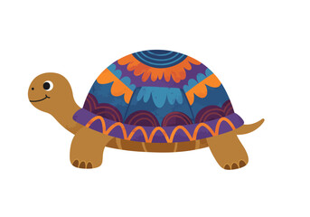 Cartoon Turtle with Ornate Shell Design, Colorful Reptile Illustration