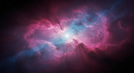 Deep space cosmic landscape featuring a radiant nebula, with glowing gases of pink and blue creating a celestial spectacle of universal wonder