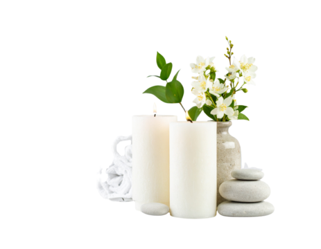 Luxury Day Spa Essentials with Towels and Candles, isolated on a transparent background