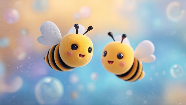 Two cheerful cartoon bees in flight against a soft, pastel background