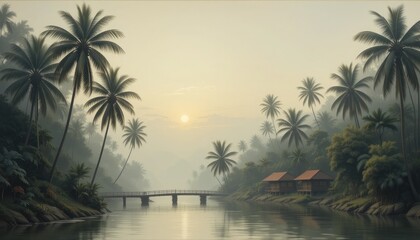 Obraz premium Tropical river scene with palm trees and houses at sunrise