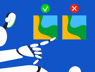 Fake digital art. Digital counterfeits. AI Robot can spot fake art. Machine vision with chatbot. Flat vector illustration