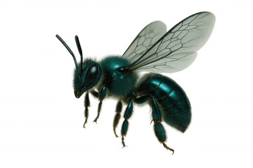 Metallic blue bee hovering, transparent backdrop highlighting shimmering body and translucent wing details
