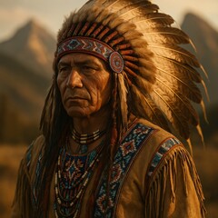 Obraz premium Noble Native American Warrior in Traditional Feathered Headdress with Sunlit Mountain Background