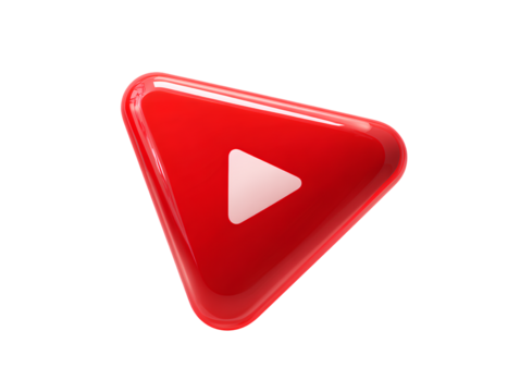  Glossy Red Play Button Icon with Reflection and Shadow, Front View, Isolated on Transparent Background.png
