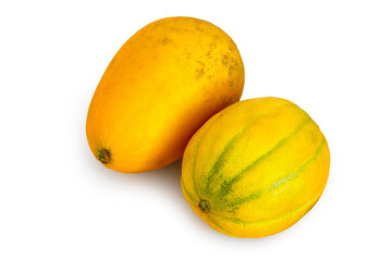 Two different melons on a white background. Ripe yellow melons close-up.