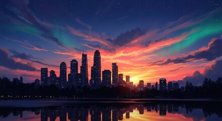 Fototapeta premium Vibrant city skyline at sunset with aurora borealis
