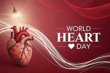 An inspiring World Heart Day banner featuring a glowing lantern shining light on an anatomical human heart, promoting cardiovascular health awareness generative ai