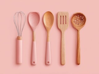 Pink and Wooden Kitchen Utensils Mockup on Pastel Background