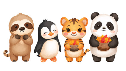 Adorable watercolor autumn animal friends a delightful seasonal illustration with transparent