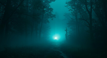 Fototapeta premium Mystical Forest Illuminated: An eerie glow pierces through a dense, fog-laden forest, drawing the viewer into a scene of mystery and intrigue.