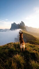 Dog contemplates breathtaking mountain vista shrouded in morning mist, Seceda Italy