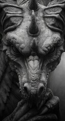Close-up grayscale dragon head, detailed textures