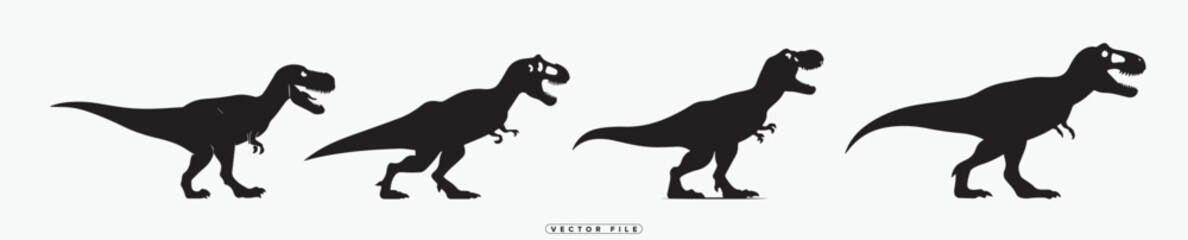 Vector Silhouettes of Tyrannosaurus Rex Dinosaurs in Various Poses on White Background