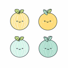 Cute fruit characters in pastel colors with happy smiles Light yellow and pastel blue in a simple cartoon style on white background