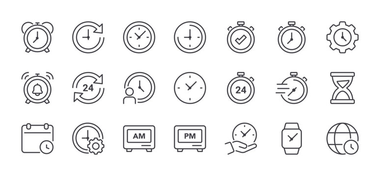 Set of Time and Clock Line Icons. Editable Stroke. Pixel Perfect.