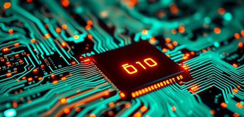 Abstract futuristic circuit board texture, glowing digital binary code, microchip processor detail,  network,  modern