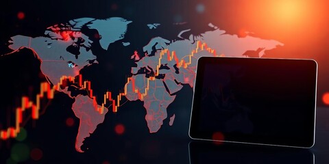 Abstract financial graph overlaid on world map with digital tablet; forex, investment, global finance, technology,  globalisation,  design