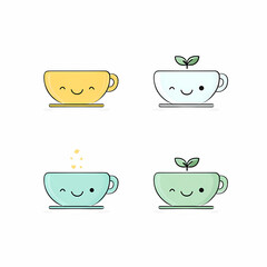 Cute cup collection: Yellow white with sprout blue with steam green with sprout each with a smiling face Adorable beverage companions