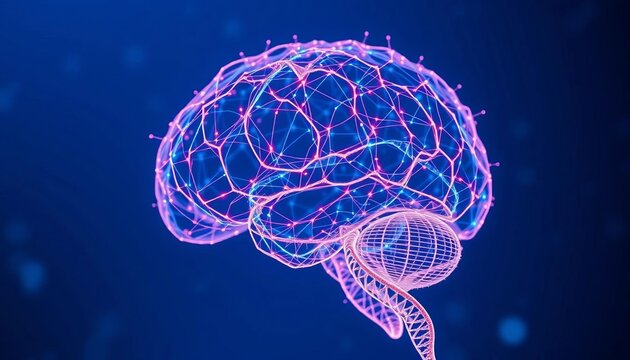 Abstract blue background, digital brain mesh & DNA strand intertwining,  blue,  technology