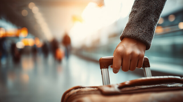 Hand holding onto the handle of suitcase, with a blurred crowded airport background.