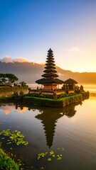 Majestic Balinese Pura Temple Reflections at Sunrise with Distant Mountain Vista