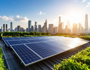 Fototapeta premium Solar power station with panels on the road in a city skyline with tall buildings