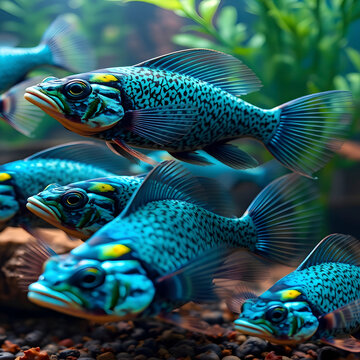 Tranquil School of Blue Dempsey Fish Swimming Above a Rocky Substrate in a Lushly Planted Aquarium