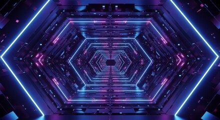 A futuristic, geometric tunnel with hexagonal shapes and vibrant neon lighting, creating a sense of depth.
