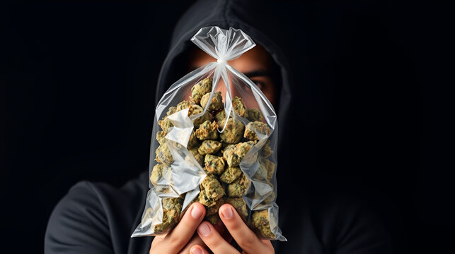 Hooded man holding a big bag of weed front his head on black background. Drug trafficking concept, buy or sell marijuana.