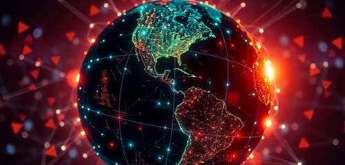 Digital globe pulsing with light, showcasing global network connectivity,  data transfer,  communication