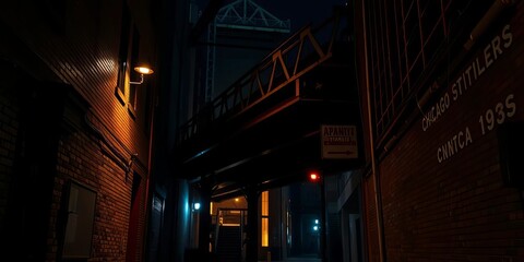 Dark, gritty Chicago alley; train trestle shadows loom, night,   background,   detail