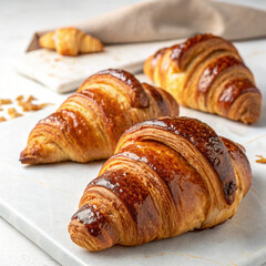 Fresh buttery croissants on white background