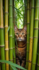 Fototapeta premium Bengal cat's inquisitive gaze through bamboo stalks, a playful jungle encounter