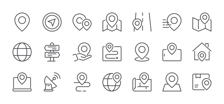 Set of Map and Location Pin Line Icons. Editable Stroke. Pixel Perfect.