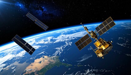 Orbiting Satellites Around Earth in High-Resolution Space View