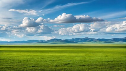 Obraz premium Vast green grassy plains under a dramatic sky with distant rolling mountains