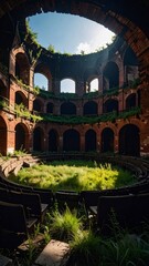 Naklejka premium Spectacular burned-out theater embraces nature reclaiming brick walls with grass inside