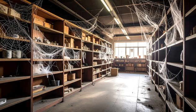 Abandoned warehouse interior with cobwebs