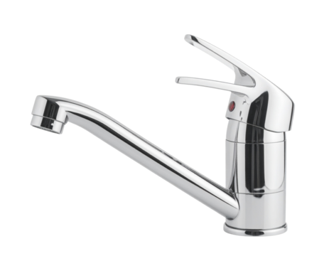 Modern Chrome Kitchen Faucet with Sleek Curved Spout, isolated on a transparent background