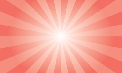 Coral pink background with white sun ray. Abstract texture with light of sunburst. Radial glowing beam of sunlight. Retro background with flash. Design of sunbeams vector illustration.
