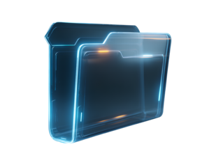 Transparent Glass Folder Icon with Light Refractions and Glow Effects, Angled Side View, Isolated on Transparent Background.png