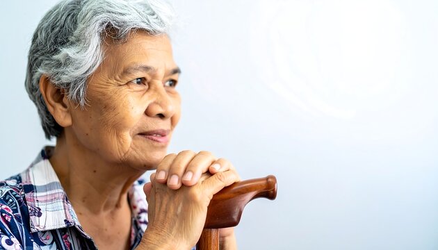A contemplative senior woman with gray hair, rests her hands on a wooden cane, gazing thoughtfully off to the side - Powered by Adobe