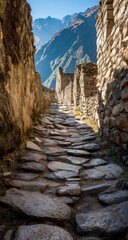 Stone path through ancient ruins, sunlight on ancient stones.  Mountain backdrop