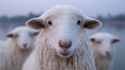 Fototapeta premium Close up portrait of a fluffy white sheep's face with two blurred sheep in the background