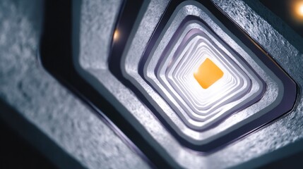 Abstract tunnel with repeating geometric layers and a bright yellow square at the end